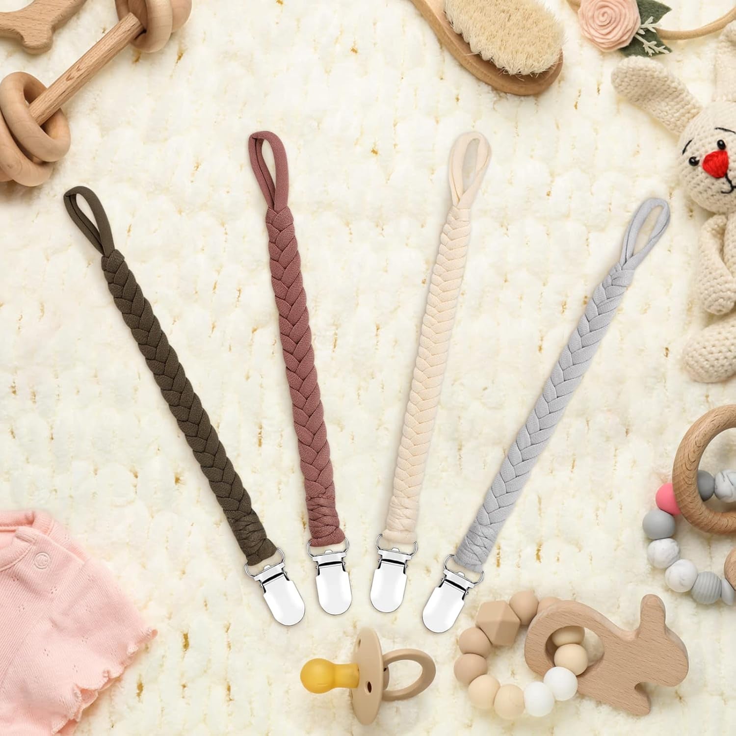 Schnullerkette Baumwolle Schnullerband Junge Und Mädchen, 4 Pcs Schnullerketten Clips Mit 4 Pcs Silikonring Passt Alle Schnuller Baby Für Lätzchen Dreieckstuch Sauger, Babydusche