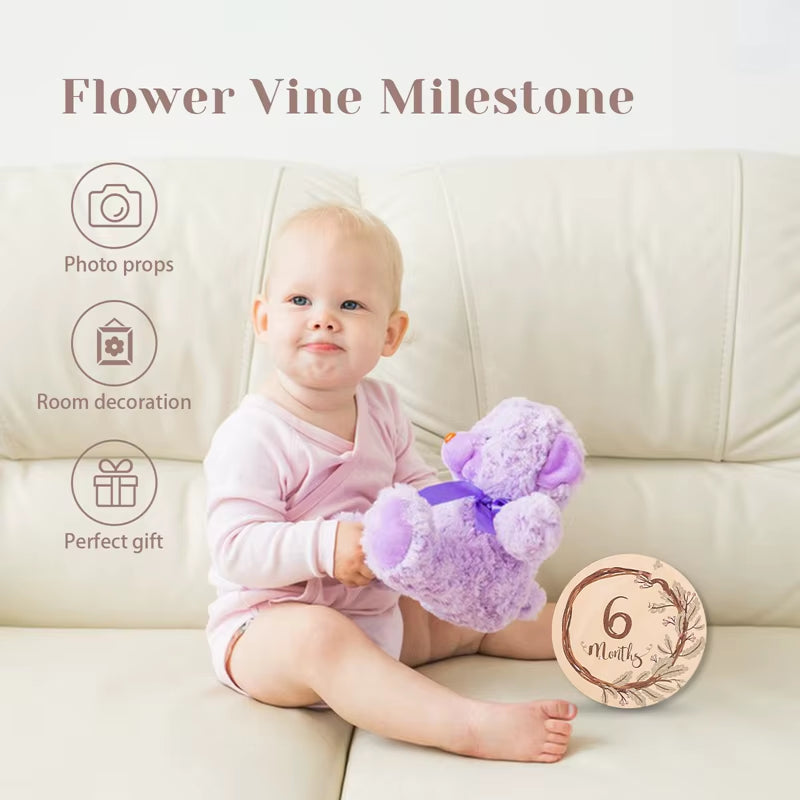 Baby Wooden Monthly Memorial Milestone Cards Flower Monthly Newborn Engraved Age Photography Accessories Baby Birthing Gift