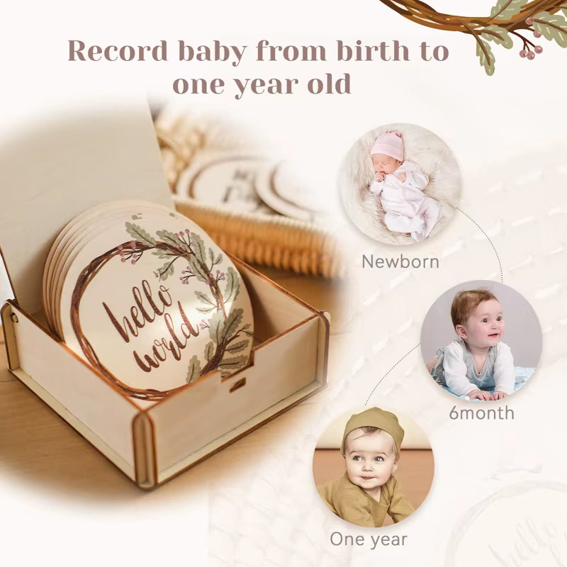 Baby Wooden Monthly Memorial Milestone Cards Flower Monthly Newborn Engraved Age Photography Accessories Baby Birthing Gift