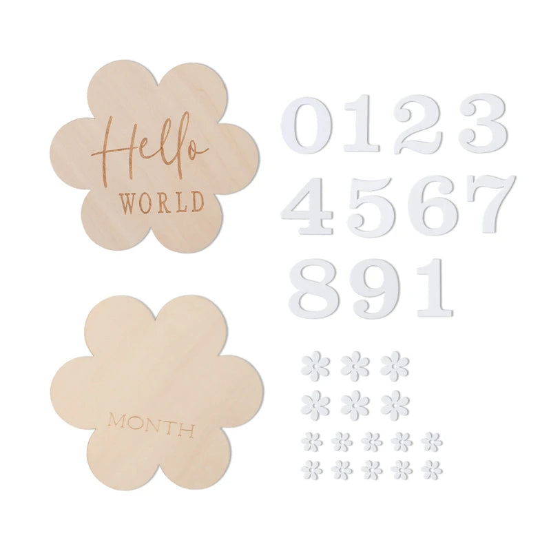 Baby Wooden Monthly Memorial Milestone Cards Flower Monthly Newborn Engraved Age Photography Accessories Baby Birthing Gift
