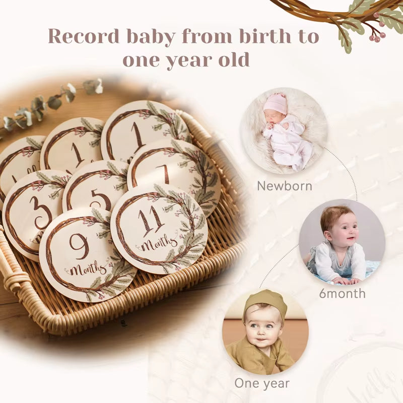 Baby Wooden Monthly Memorial Milestone Cards Flower Monthly Newborn Engraved Age Photography Accessories Baby Birthing Gift