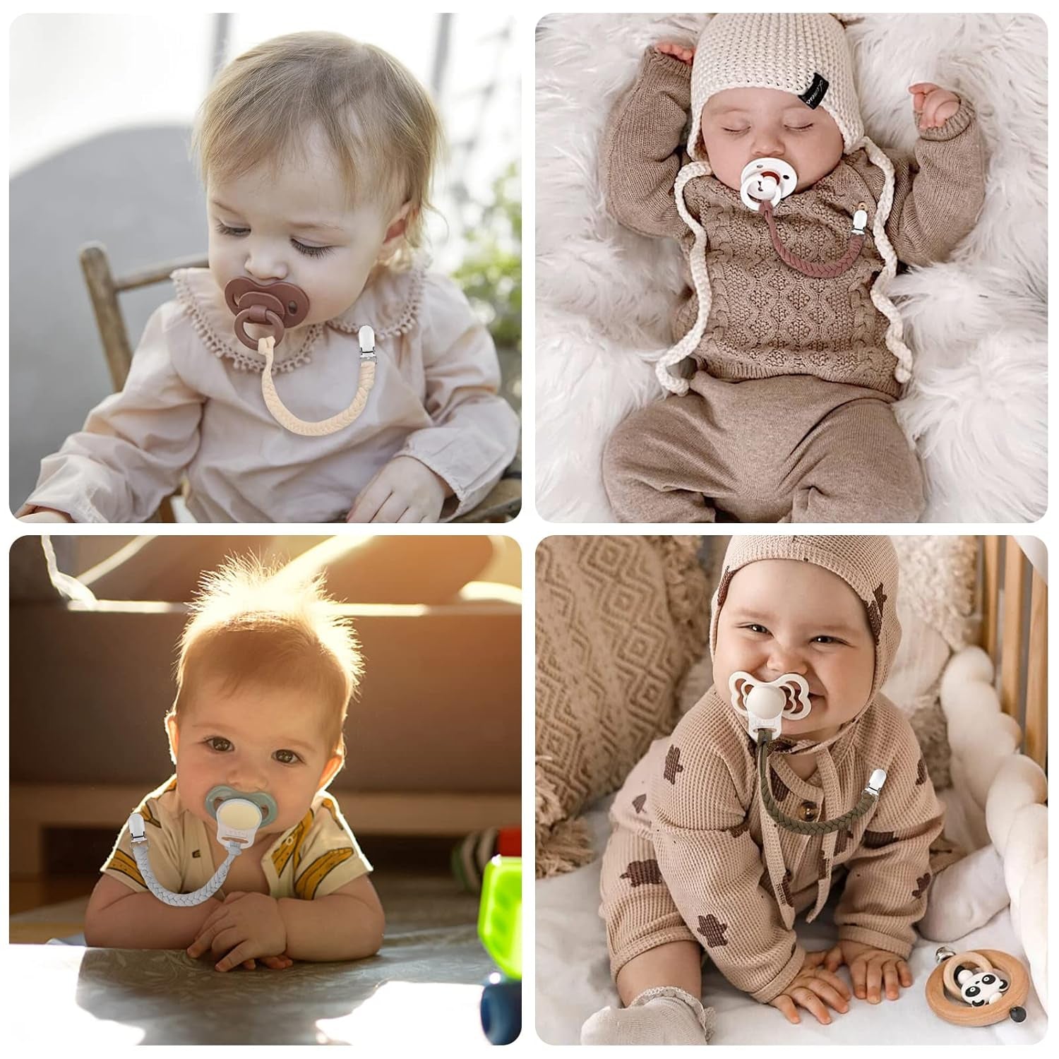 Schnullerkette Baumwolle Schnullerband Junge Und Mädchen, 4 Pcs Schnullerketten Clips Mit 4 Pcs Silikonring Passt Alle Schnuller Baby Für Lätzchen Dreieckstuch Sauger, Babydusche