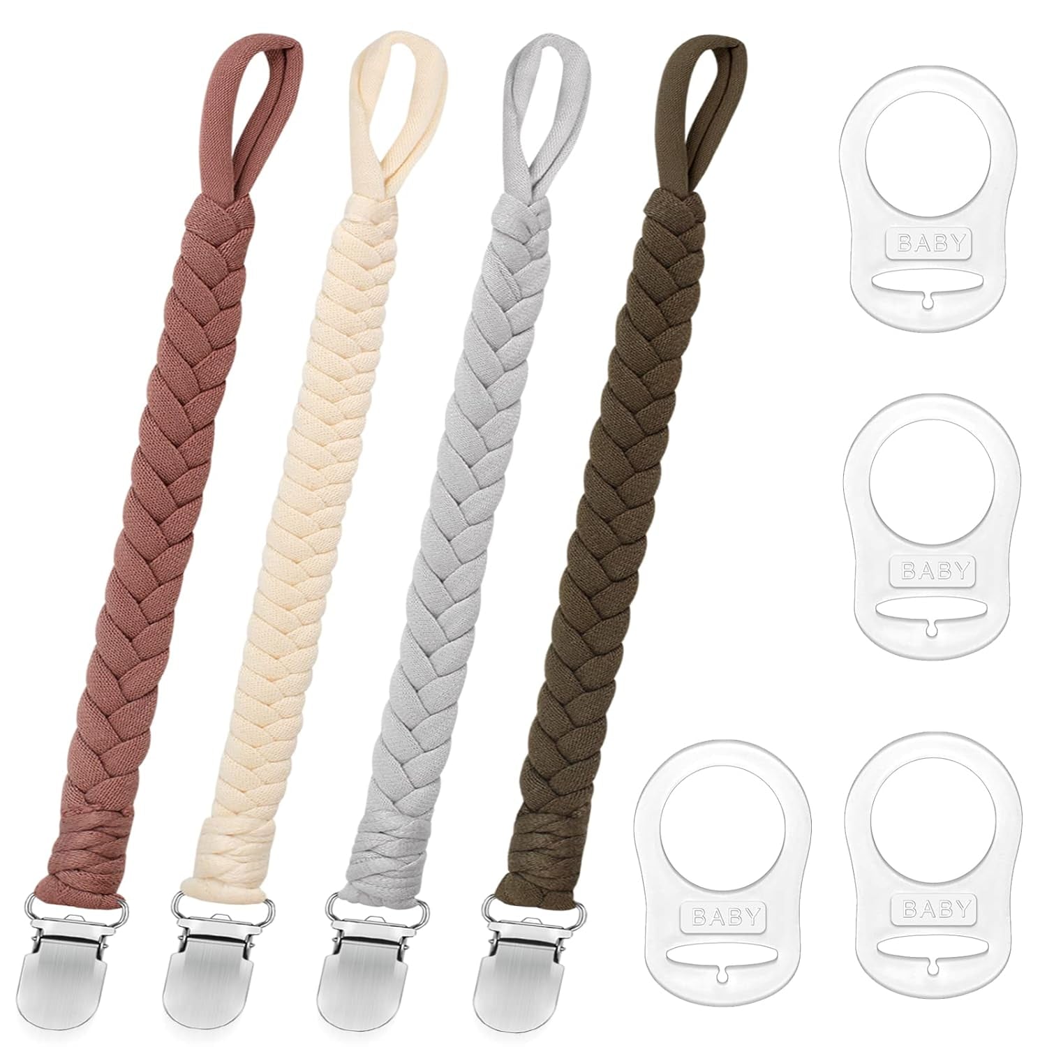 Schnullerkette Baumwolle Schnullerband Junge Und Mädchen, 4 Pcs Schnullerketten Clips Mit 4 Pcs Silikonring Passt Alle Schnuller Baby Für Lätzchen Dreieckstuch Sauger, Babydusche