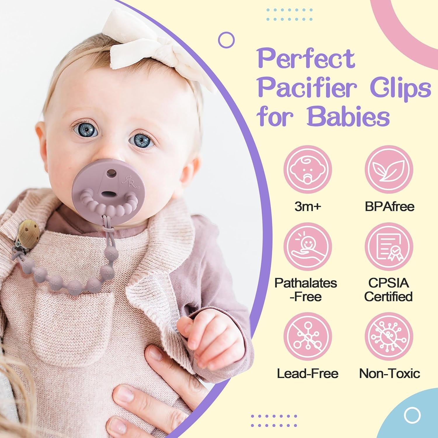 Schnullerkette 2 Stück, Junge Mädchen Dummy Clips Schnuller Clips Halter Schnullerketten Für Babydusche (Lila Rosa+Milchweiß )