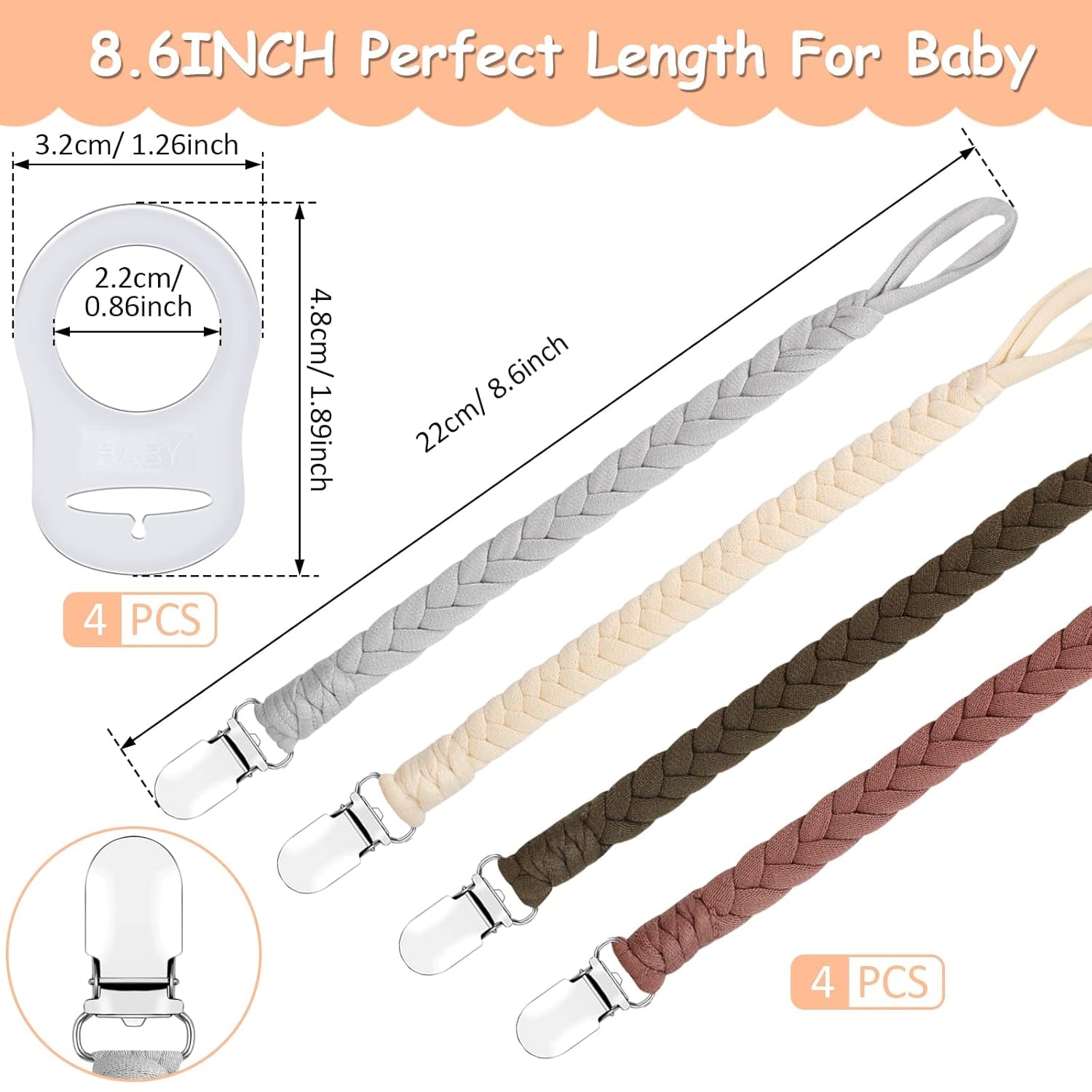 Schnullerkette Baumwolle Schnullerband Junge Und Mädchen, 4 Pcs Schnullerketten Clips Mit 4 Pcs Silikonring Passt Alle Schnuller Baby Für Lätzchen Dreieckstuch Sauger, Babydusche